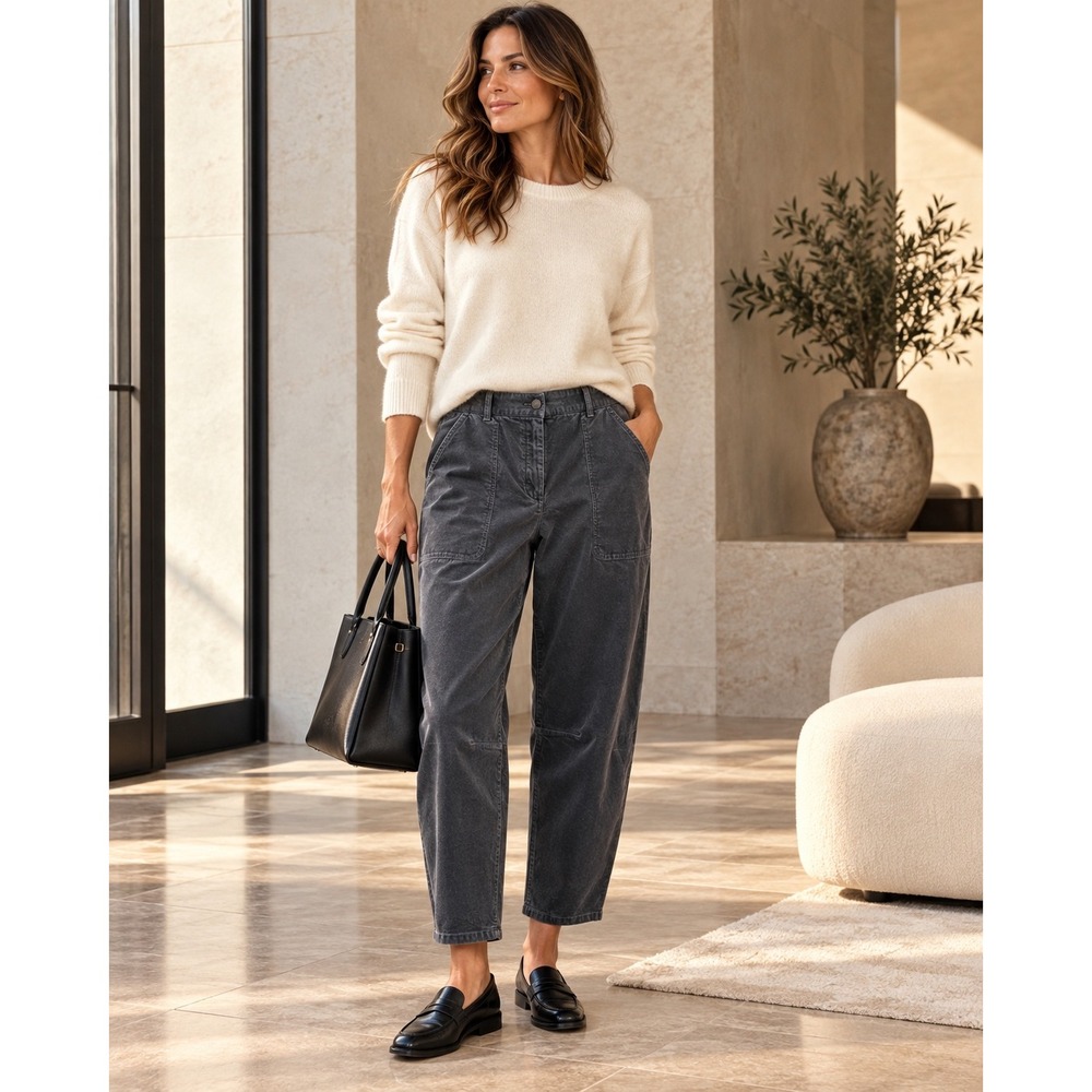 Eileen Fisher Organic Cotton Stretch Corduroy Lantern Pants Gray Medium M